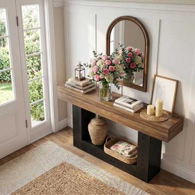 Console 63 po avec tablettes à 2 niveaux, table d'entrée avec base en U, canapé long et étroit pour vestibule, vestibule