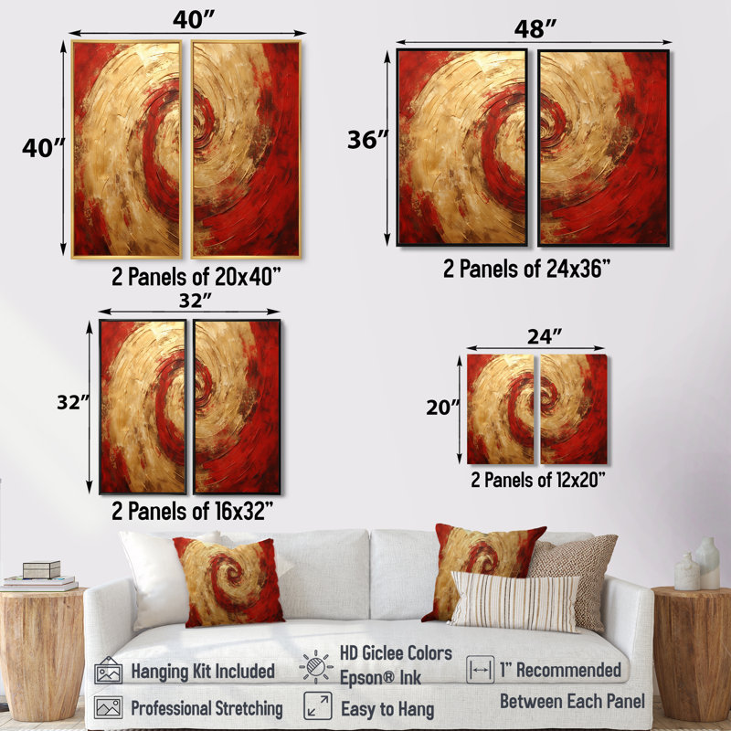 Fusion rouge or spirale III - 2 impressions sur toile modernes dorées, Noir, H 36 po x l 48 po, Impression encadrée flottante