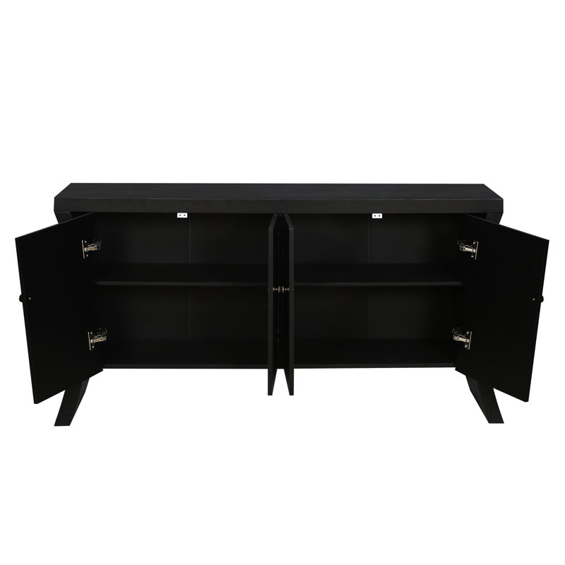 Black 4-Door With Wooden Arc Legs - Advanced Storage Cabinet Bronze Handles Refined Industrial 4 Doors & Shelves And Clasps