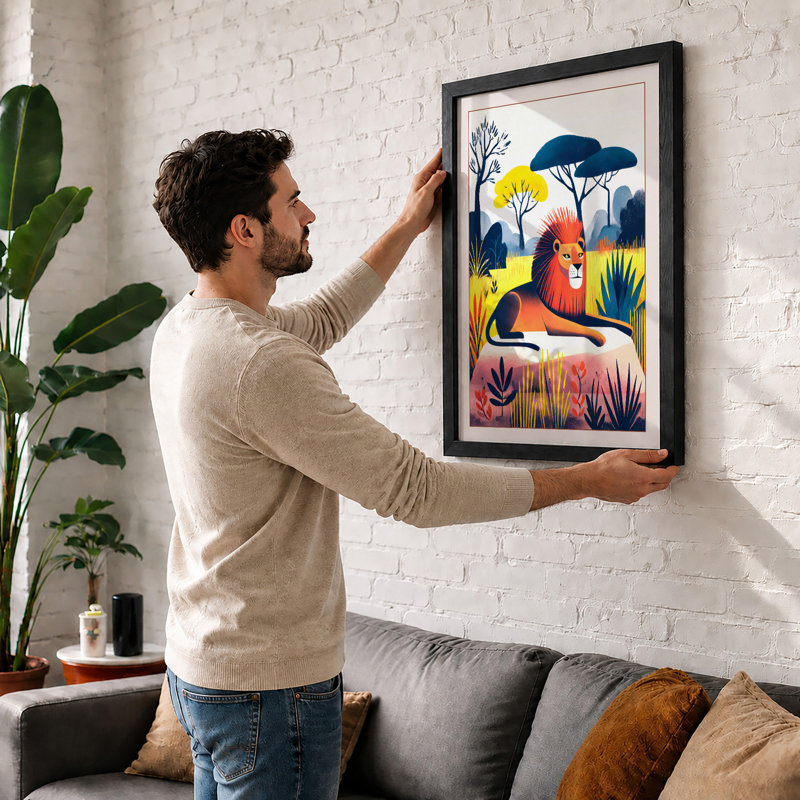 Lion In Savanna Modern - Print, A1 - 84.1 x 59.4 cm, Black
