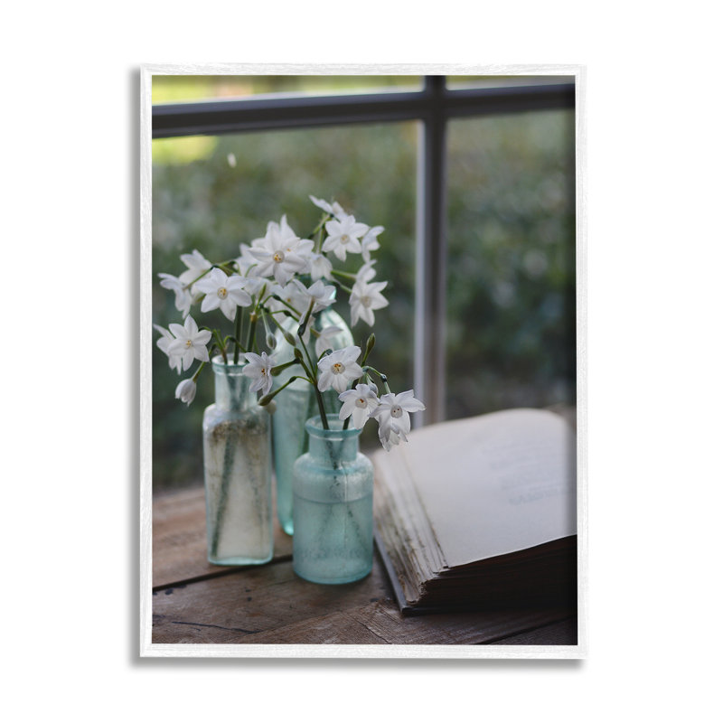 " Delicate White Flowers Cottage ", 20" H x 16" W x 1.5" D, Coastal White Framed Giclee