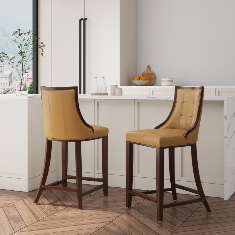 Fifth Avenue Traditional Vegan Leather Upholstered Beech Wood Counter Stool in Camel, Counter Stool (26" Seat Height), Camel