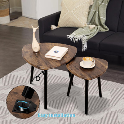 Modern Industrial Nesting Coffee Table Set Of 2 - Space-Saving Triangular Side Tables With Sturdy Wood Legs For Living Room, Bedroom, Apartment