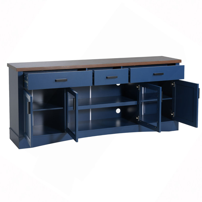 Console de télévision moderne, meuble télé d'une largeur de 67 po, portes et tiroirs de rangement en verre, tablettes réglables