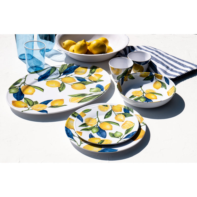 Lemon Orchard 18 Piece Dinnerware set, 4 Dinner Plates, 4 Salad Plates, 4 Bowls, 4 Dip Bowls, 1 Platter, 1 Serve Bowl, Microwave Safe, Dishwasher Safe, Durable