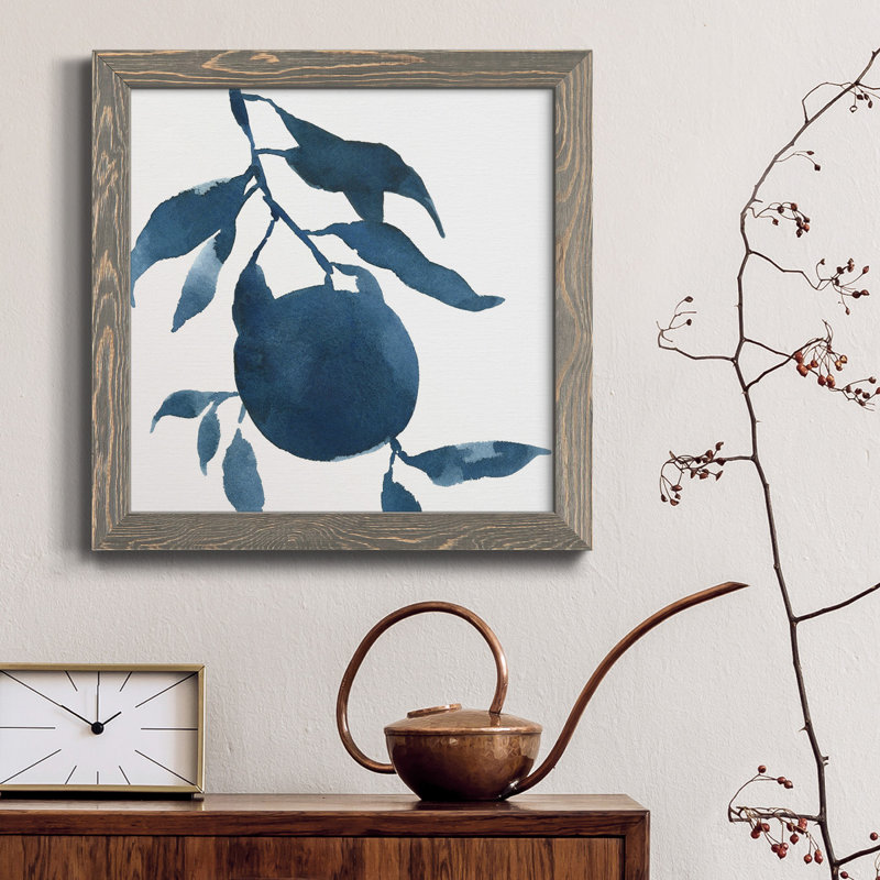 Indigo Oranges III - Toile encadrée de qualité supérieure - prête à être accrochée, Encadré gris