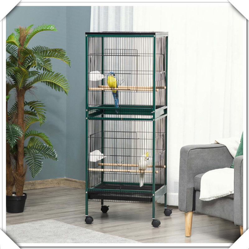 Grande volière d'oiseaux d'intérieur avec support et plateau multi-portes, Vert