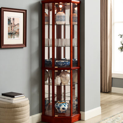 Vitrine de coin éclairée à 6 tablettes avec tablettes réglables en verre trempé et miroir (ampoule E26 non incluse)