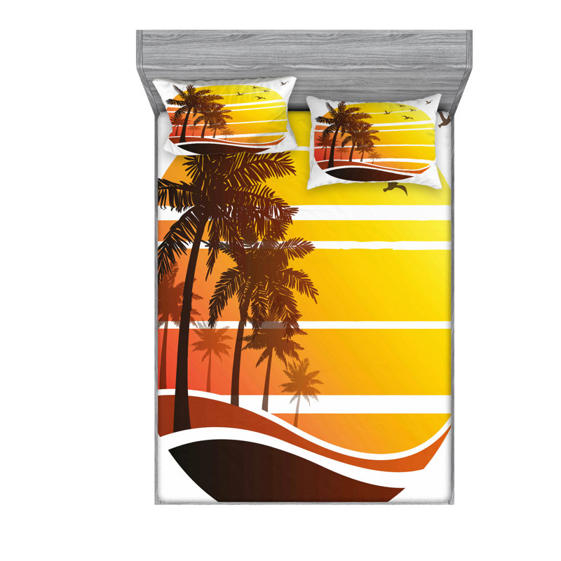 Ensemble de draps coucher de soleil à plage exotique avec palmier, Ensemble de draps pour lit double avec un drap-hou