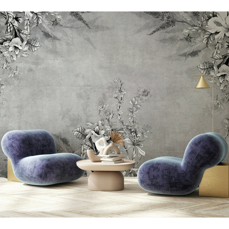 Papier peint floral gris avec aquarelle, L 36,96 po x l 56 po