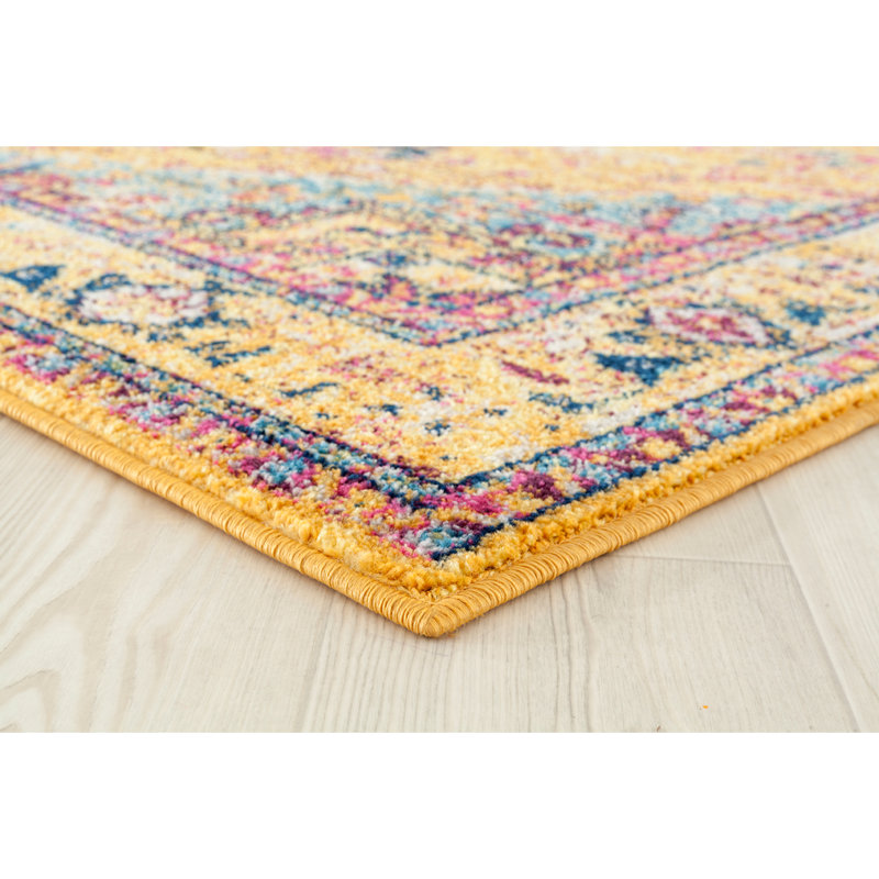 Tapis oriental orange / bleu / jaune, Tapis de couloir 2 pi 7 po x 7 pi 2 po