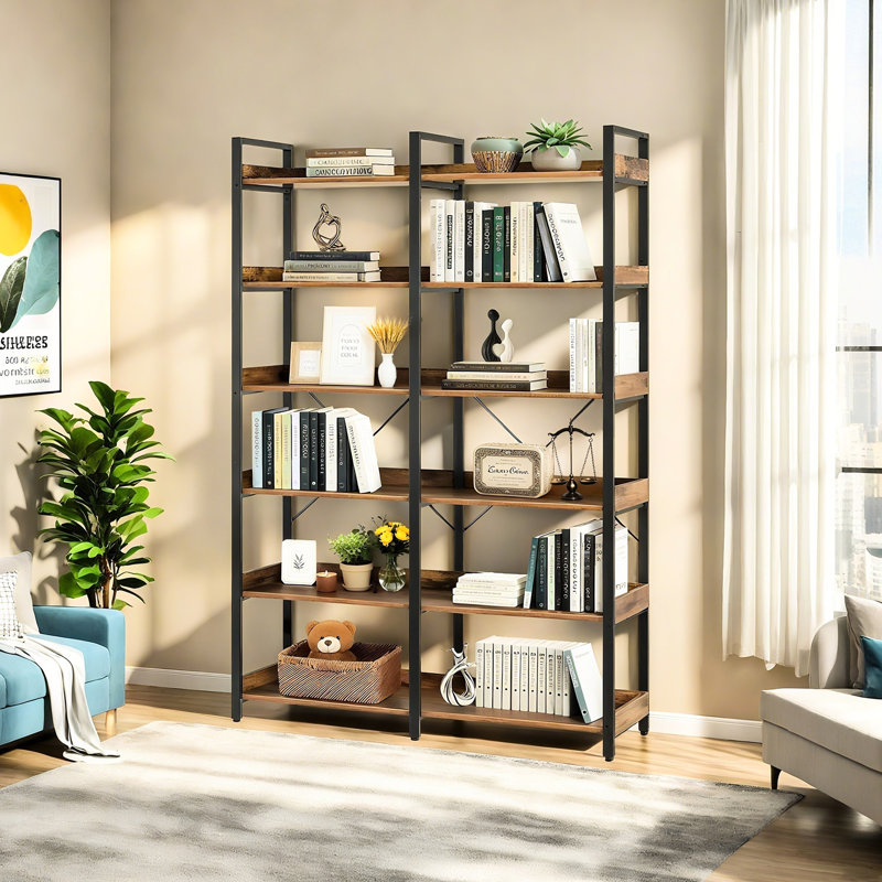 67" 6 Freestanding Metal Frame Bookshelf, Open Shelves, Bedroom, Living Room, Office, Brown And Black, Edge Guards, Long Lifespan Shelf Bookcase, Frame, Office Storage, Black Design, Easy To Maintain