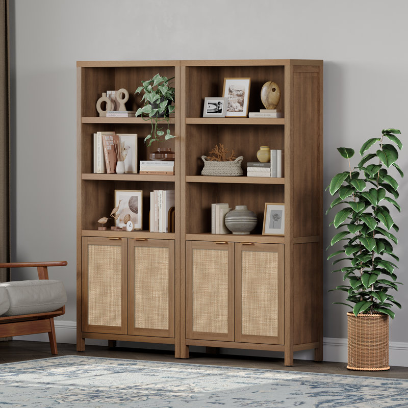 Marliee 70.9'' H Bohemian - Inspired Rattan Bookcase with Storage Cabinet and Adjustable Shelves, Brown, 2