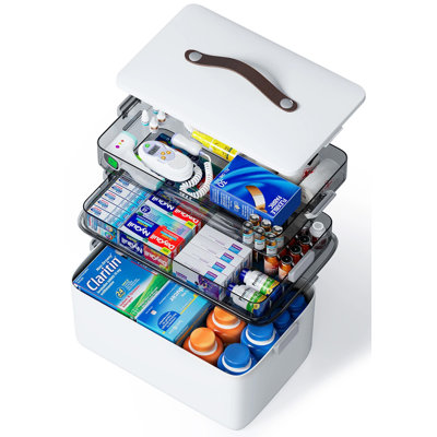 Organisateur de pharmacie à 3 niveaux JOYBOS - Armoire à pharmacie portable avec poignée en cuir, trousse de premiers soins vide pour la maison
