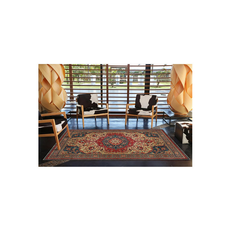 Tapis tissé à motif géométrique lavable à motif géométrique bleu et rouge, Sous-tapis rectangulaire 3 pi 11 po x 5 pi 11 po i
