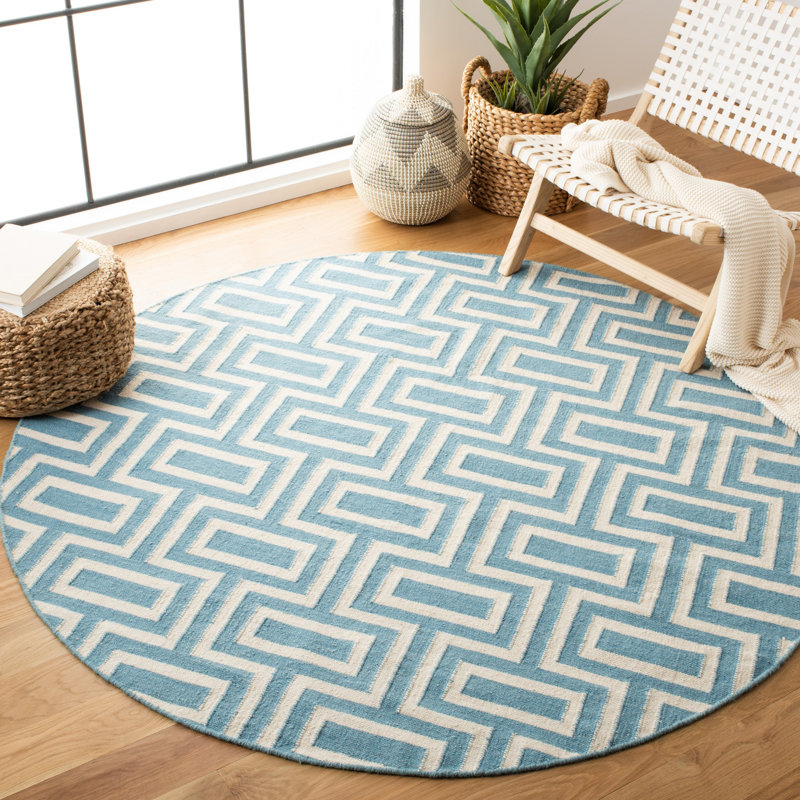 Rodgers Hand Woven Flat Weave Wool/Cotton Geometric Rug in Light Blue, Round 6'