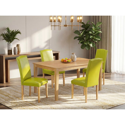 5 Piece Dining Room Furniture Set Includes a Rectangle Dining Table and 4 Autumn Green Faux Leather Upholstered Chairs, Oak
