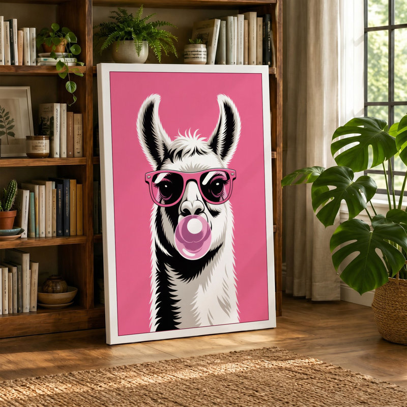 Llama Bubble Gum Modern - Wrapped Canvas, 36x24 - 91.4 x 61.0 cm, Ochre Border