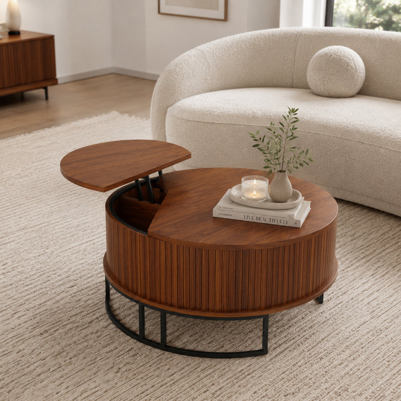 Table basse 31,5 po à plateau relevable rond avec rangement caché, table de bout Mid-Century moderne cannelée avec base en métal pour le salon