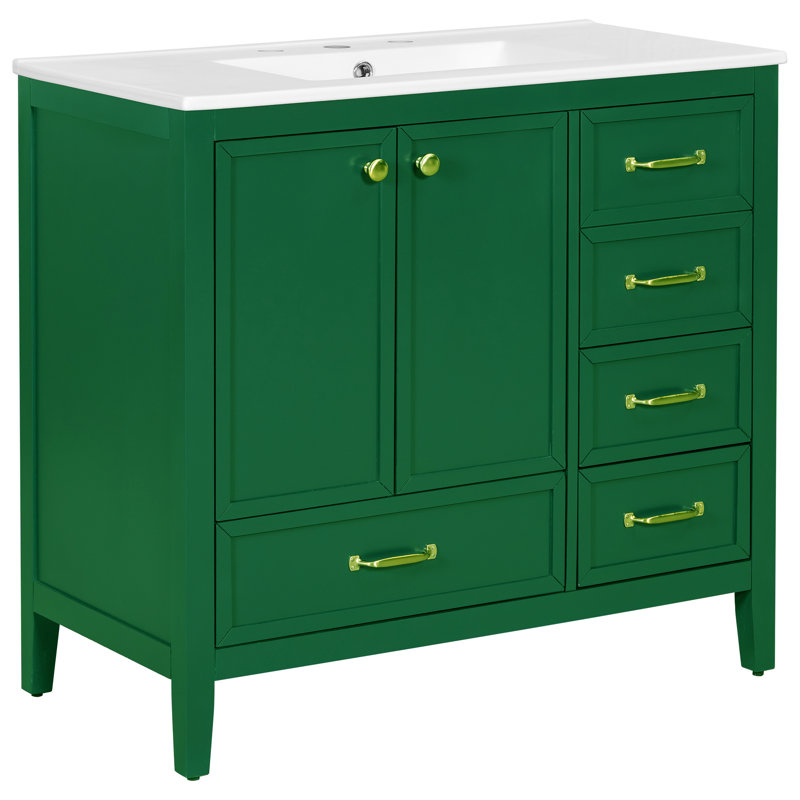 Élégant meuble-lavabo de 36 po avec lavabo en céramique, Vert