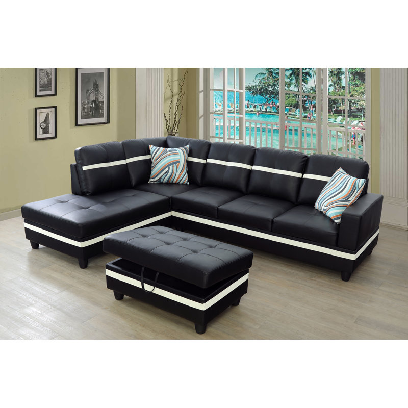 3 Pieces Upholstered Faux Leather Sectional with Ottoman, Left Hand Facing, Black/White Faux Leather