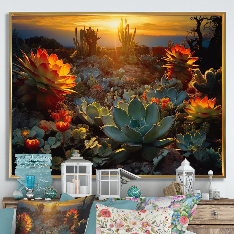 Succulent Desert Cactus Field Burning Sunset - Succulent Wall Art, H 12 po x l 20 po, Reproduction avec cadre flottant, Doré