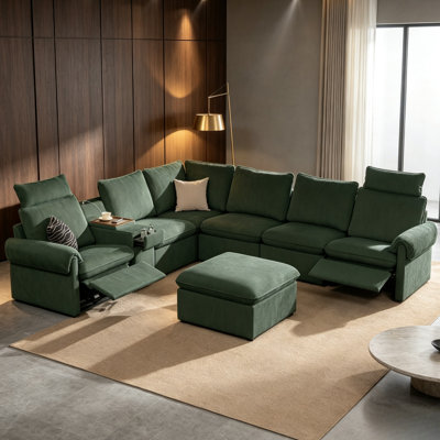 Canapé d'angle modulaire moderne en forme de L, 7 places, avec fauteuil inclinable électrique, console et pouf de rangement, revêtement en velours côtelé vert.