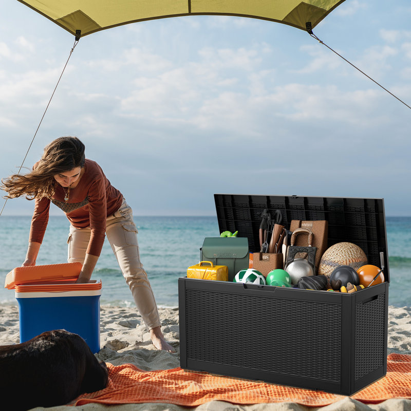 100 Gallon Deck Box, Waterproof Resin Large Outdoor Storgae Box For Patio Furniture, Black