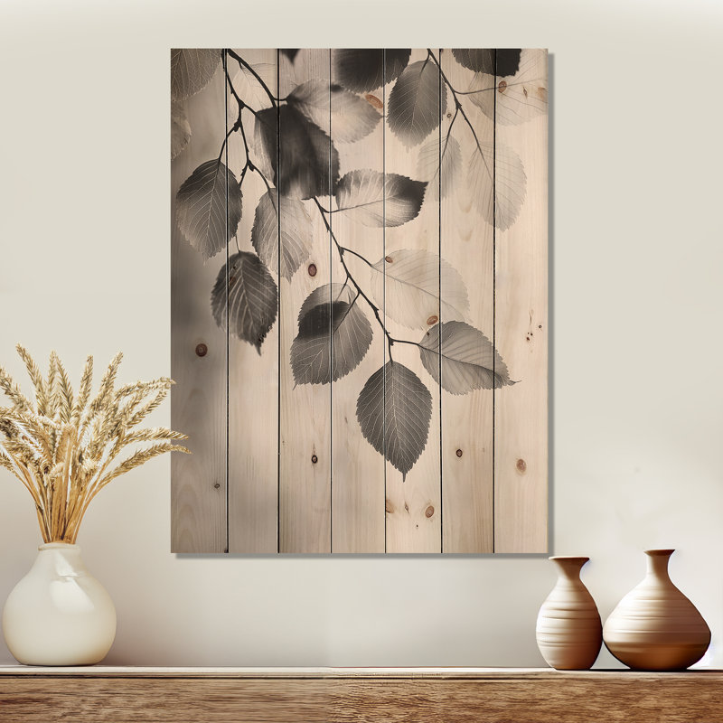 Black White Leaves Gentle Breeze II - Leaves Wood Wall Art - On Natural Pine Wood, 44" H x 34" W x 0.78" D
