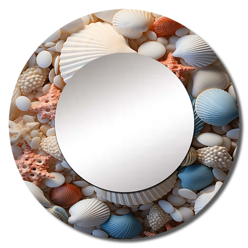 Plage photo coquillage Collage II - grand miroir côtier, décor de miroir mural rond unique côtier, impression d'art en métal