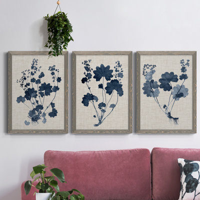 " Navy And Linen Leaves II " 3 - Pieces Painting Print