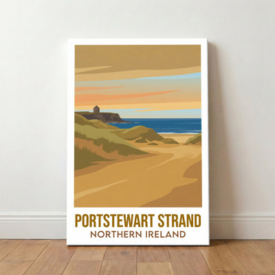 Portstewart Strand, Northern Ireland - Romantic Coastal Travel Poster Of Golden Dunes And Mussenden Temple. Giclee Print On Wrapped Canvas. Wall Art, Home Decor - Natural Landmarks, Northern Ireland - Wrapped Canvas Print