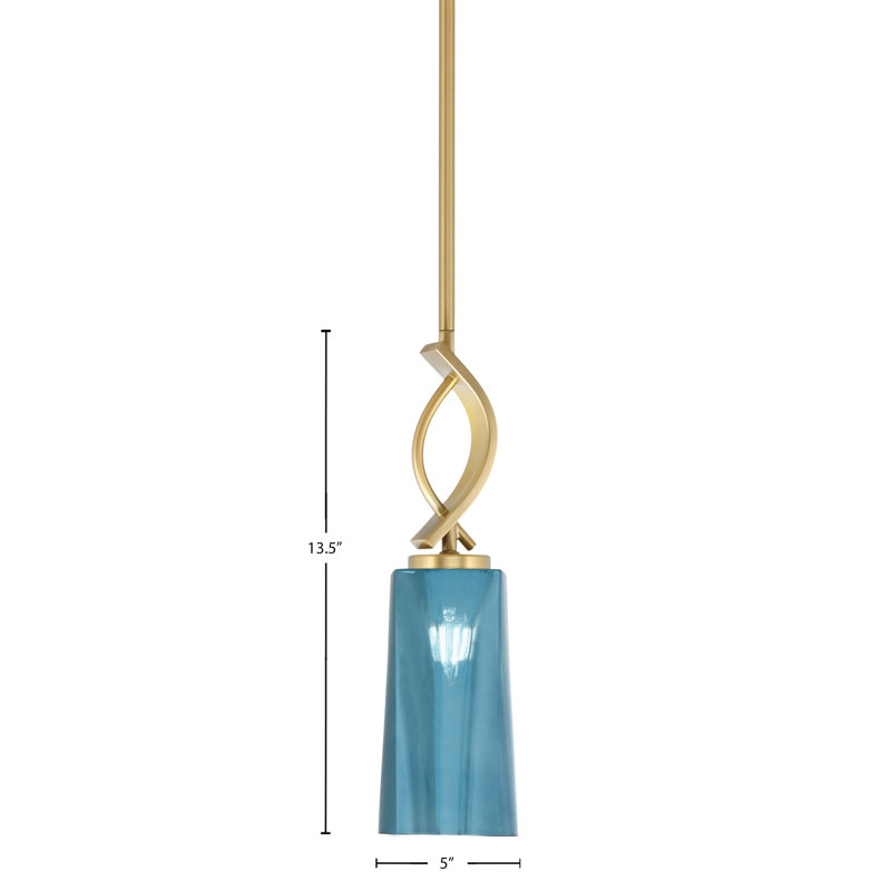 Suspension miniature Waldes Stem Hung, présentée en finition laiton New Age avec verre dégradé bleu de 12,7 cm (L) x 24,8 cm (H).