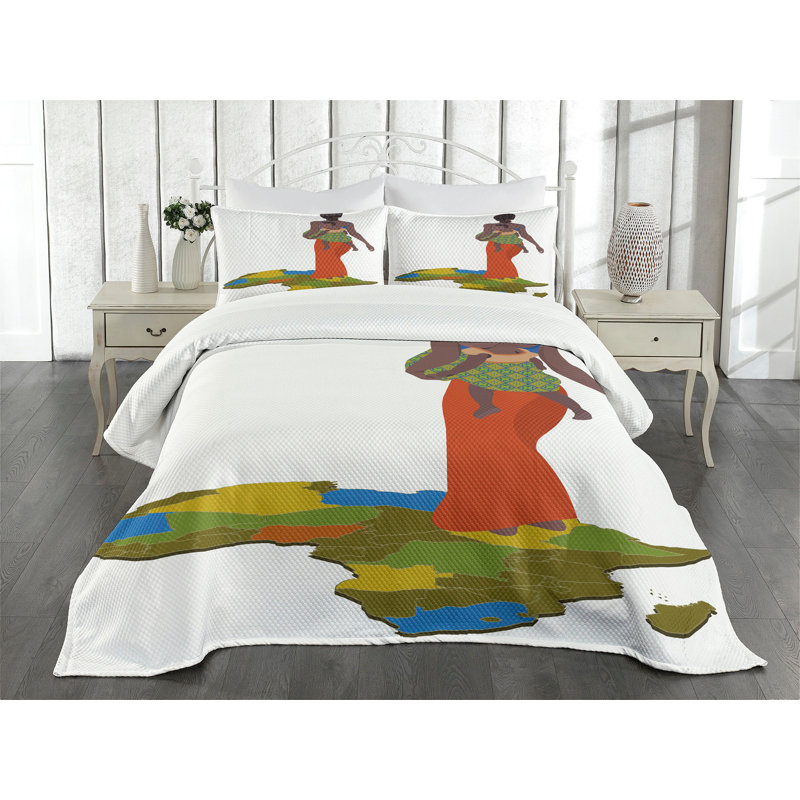 White Quilted Queen Bedspread Set with African Print