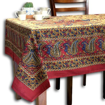 Cotton Block Print Paisley Floral Tablecloth For Rectangle Tables Blue
