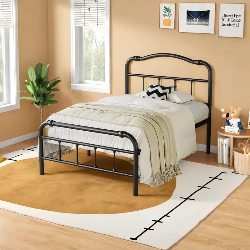 Amylia 18-Inch Heavy Duty Noiseless Non-Swaying Metal Iron Platform Bed Frame with 44” Headboard and Footboard, Black Iron