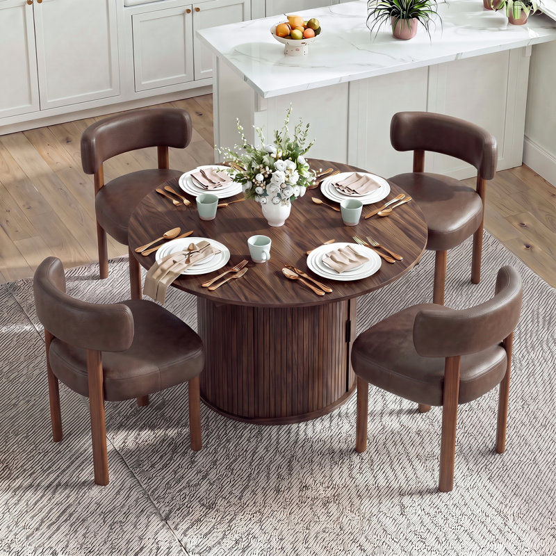 Extendable Dining Set, Noyer, Ensemble de cinq pièces : table, quatre chaises, Marron foncé