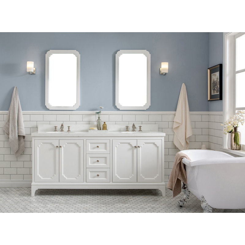 Bernardo Queen 72" Sink Carrara Quartz Countertop Bath Vanity with Faucet, Pure White, Waterfall, 72"