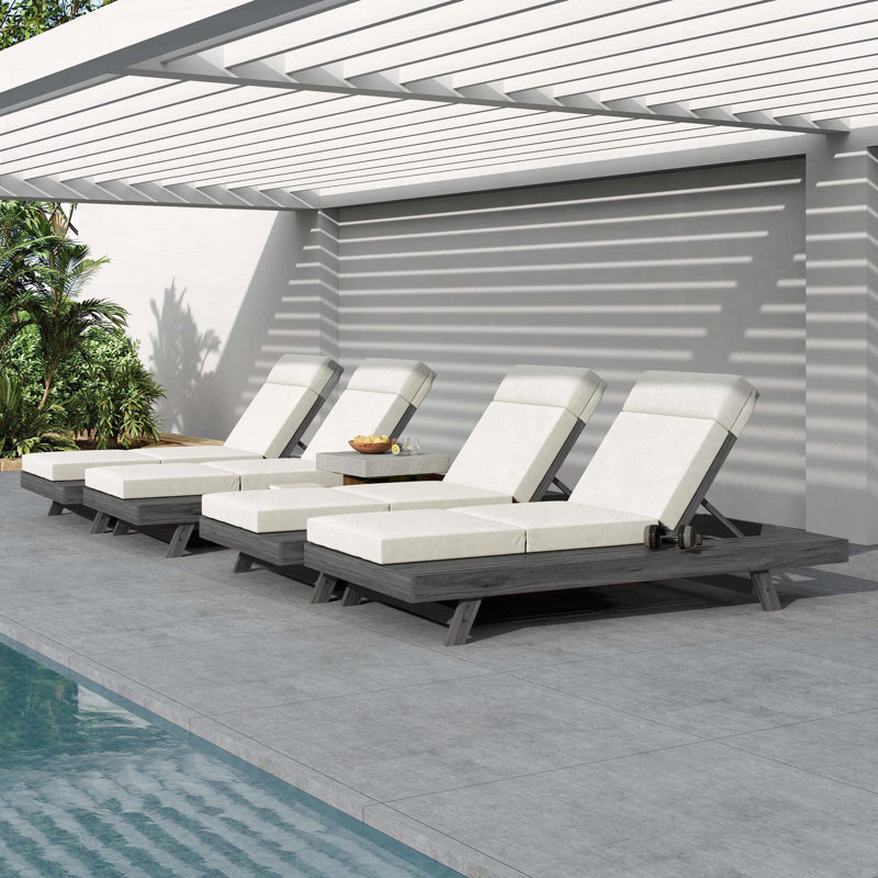 Lounge Chaise Set with Headrest, Acacia Wood Outdoor Recliner with Tri-Fold Cushion, Cream Cushion/Black Frame