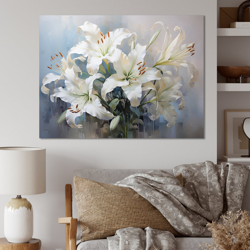 Lys blancs en fleurs - Art mural lys, H 34 po x l 44 po x P 1,5 po, Toile tendue