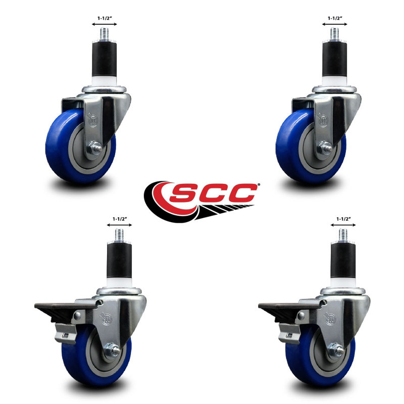 Ensemble de roulettes extensibles pivotantes en poly sur roulettes 2 freins SCC PLB 3,5 po x 1-1 / 2 po, Bleu