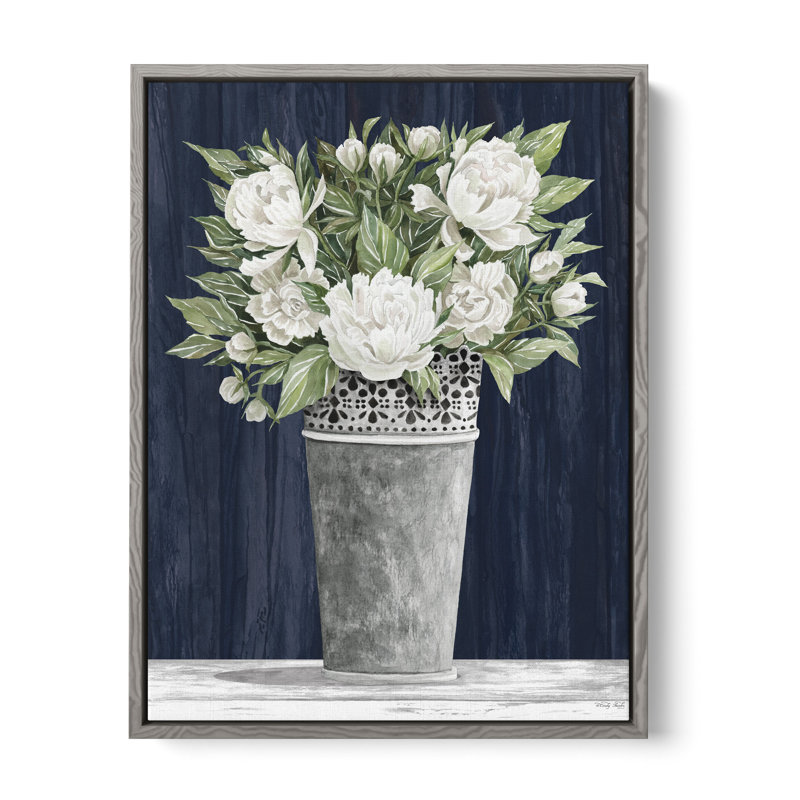 «Punched Tin White Floral» par Cindy Jacobs, reproduction d'art sur toile blanche et bleue, H 10 po x l 8 po x P 2 po