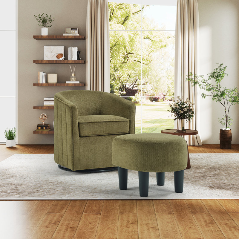 24.4" Wide Modern Stylish Soft Upholstered Swivel Accent Chair With Ottoman, Dark Green