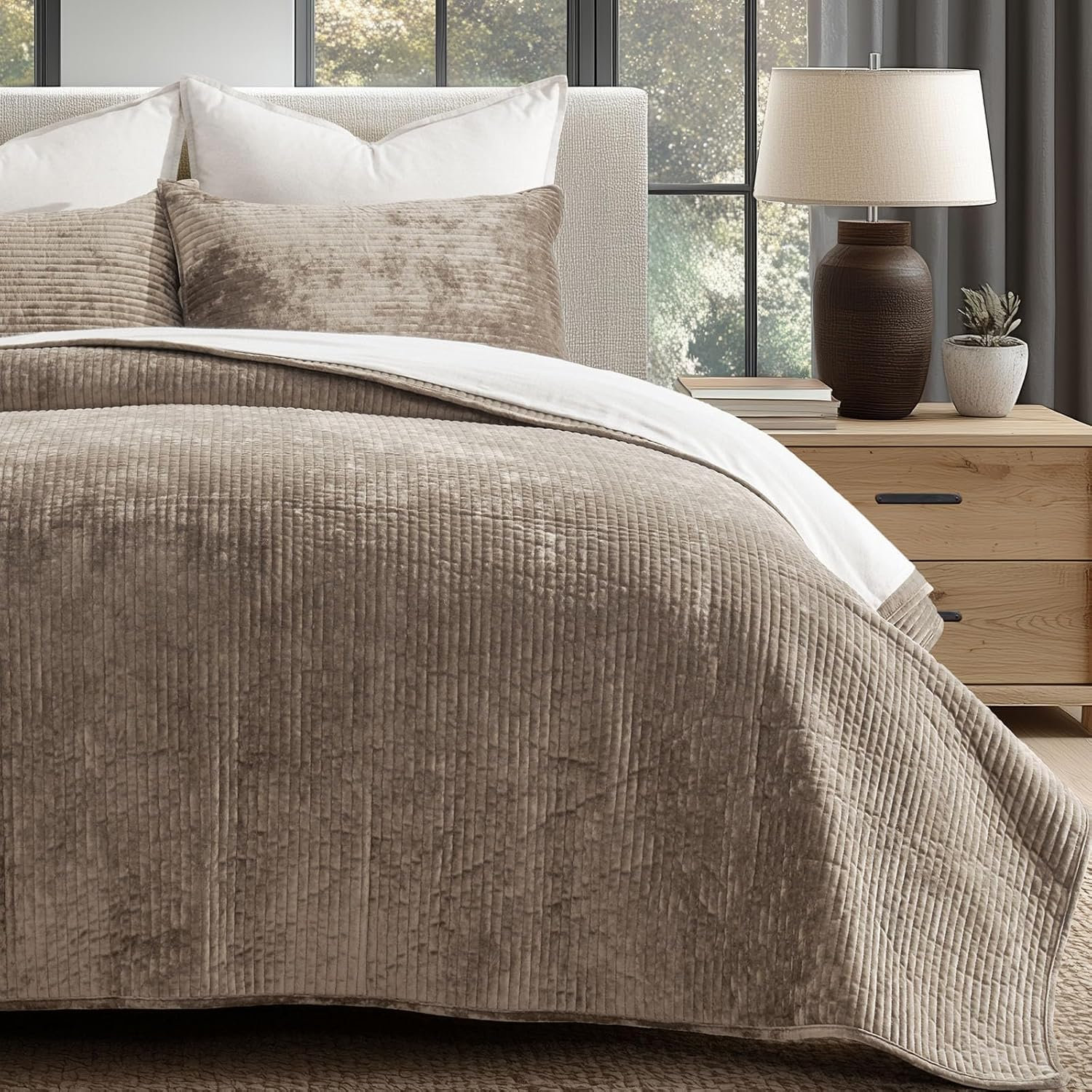 Striped Channel Velvet Quilt Set, Queen, Natural Tan