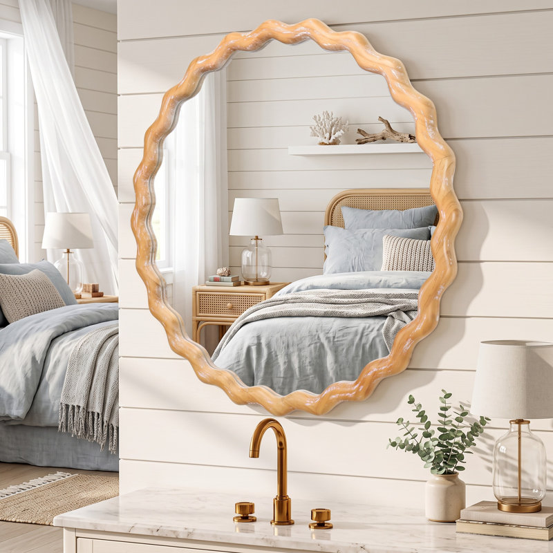 Miroir mural rond ondulé de 27,5 pouces avec cadre effet bois blanchi pour la salle de bain, la chambre à coucher ou le vestibule