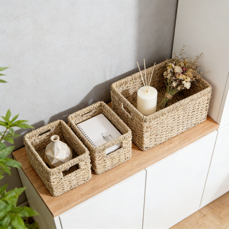 Hand-Woven Paper Rope Storage Baskets, Set Of 3 Stackable Organizer Bins With Handles For Shelves, Closet, Bathroom, And Home Decor