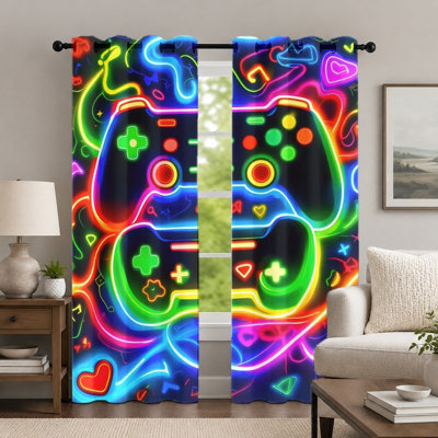 2Pcs Neon Gaming Controller Pattern Curtains, Vibrant Colorful Gamepad Print Drapes, Modern E-Sport Style Grommet Window Panels, Home Decor for Bedroom Living Room