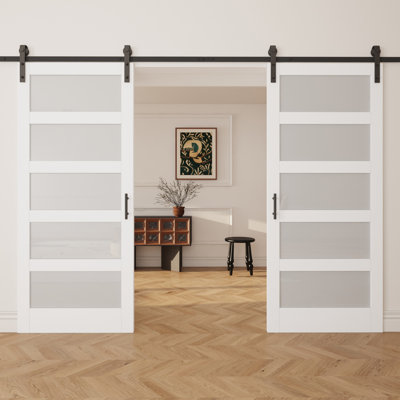 84"H x 96"W 5 Lites White Wood Glass Sliding Barn Doors with Installation Hardware Kit Primed Surface (2 Doors)