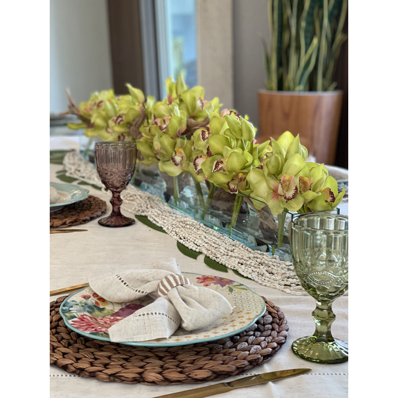 Driftwood Cymbidium Orchids Centerpiece in Glass Planter, 8" H x 48" W x 6" D, Green