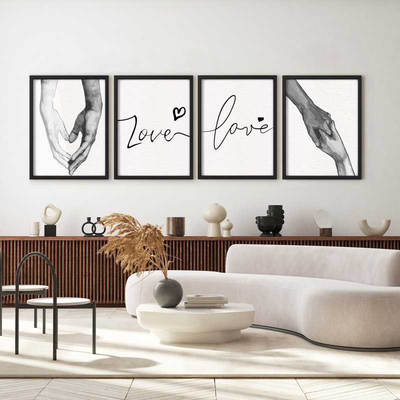 "Amour minimaliste et main tenant un dessin au trait", 4 pièces, Noir, H 32 po x l 24 po